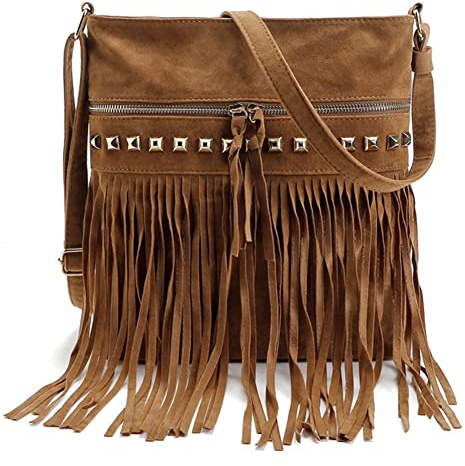 Fuskmocka kurirväskor kvinnor retro kurirväska vintage frans tofs enfärgad hippie stil dekorerade nitar resa gata, Brun