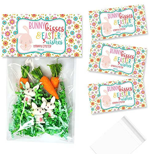 Amanda Creation Bunny Kisses & Easter Wishes Happy Easter Bag Toppers for Party Favor Treat Bags, Set of 20 Bag Toppers With 20 Self-Adhesive Bags Also Included