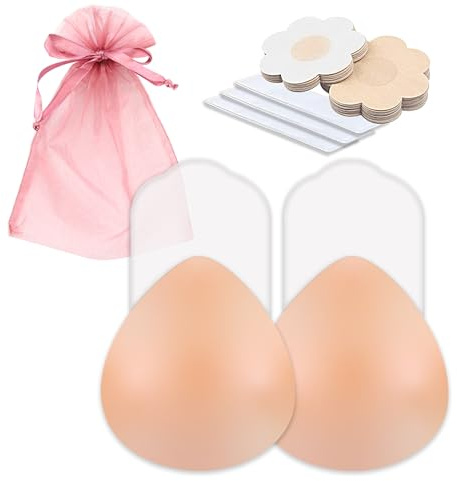 GLINDIHOME Sujetador Invisible Adhesivo de Silicona. 2 Copas Invisibles Push UP sin Tirantes. 5 Pares de Pezoneras de Tela, 36 Tiras de Doble Cara Ropa-Piel y 1 Bolsa de Tela. Nudebra, Boob Tape.