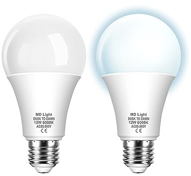 MDLight 12W E27 LED skymningsdetektor, glödlampa LED-ljusdetektor E27 kall vit 6 000K, på/av billampa för trappor, gångväg, trädgård, set med 2