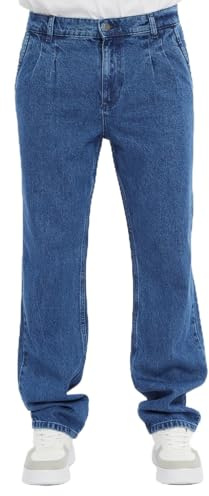 CEDY DENIM - Pantalones vaqueros holgados para hombre, corte recto regular, estilo plisado, estilo vaquero, CD354, azul, 32W / 32L