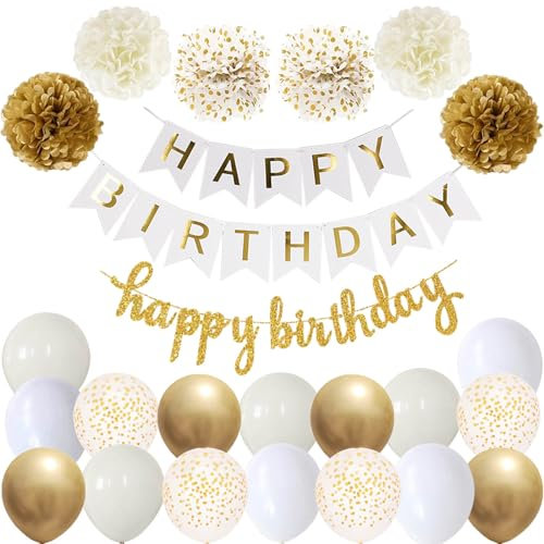 Conjunto de decoración de fiesta de cumpleaños blanco y dorado – guirnalda, globos, 6 pompones – niñas