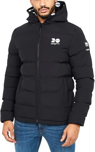 Crosshatch Mens Puffer Heavy Padded Fleece Lined Coat Jacket Fur Hooded Bubble, Black, L