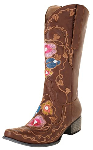 VaiKanhai Bottines pour femme - Talons brodés - Fleurs moyennes - Rondes - Bout haut - Bottes en latex pour femme, marron, 41 EU