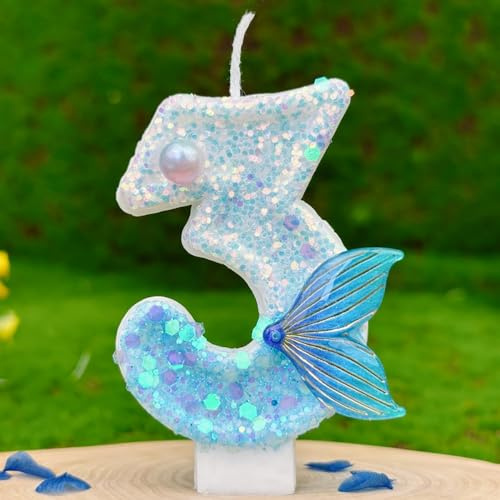 HUATEEN Velas Numéricas Tema Sirena con Brillo,Número 3 Velas de Cumpleaños de Cola de Sirena Azules Metalizadas y Plateadas Topper con Números para Tartas de Cumpleaños & Cupcakes (Adultos/Niños)