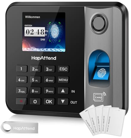 HapAttend Registro de tiempo para pequeñas empresas, reloj de sello de huellas dactilares, registro de tiempo de trabajo, reloj de sello de edición alemana, registro de tiempo empleados con 5 RFID (0