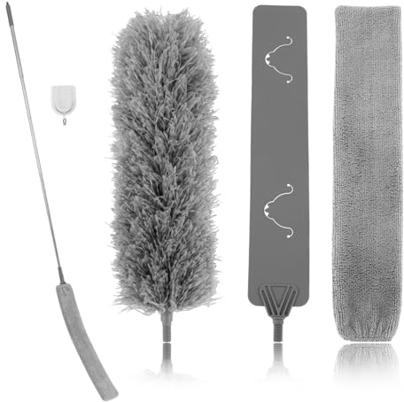 5 stycken dammvippor, set med 41–210 cm förlängningsstång, återanvändbar dammvippa, tvättbar för rengöring av takfläktar och möbler (grå)