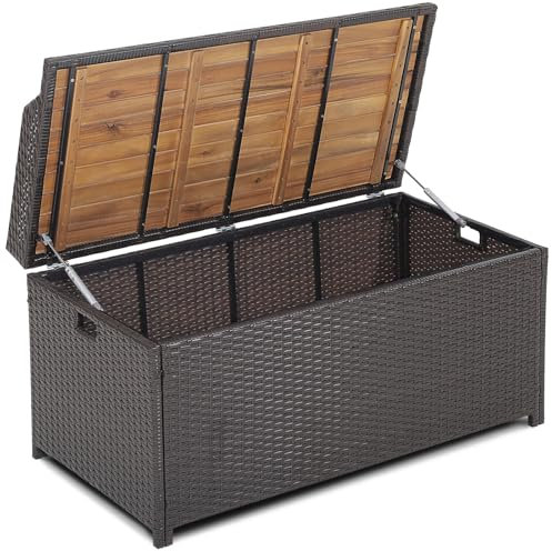 TANGZON 170L Outdoor Deck Box, 3-In-1 Patio Storage Bench with Zippered Liner, Acacia Wood Top Lid, Sturdy Gas Strut, Rattan Storage Container for Porch, Garden, Backyard