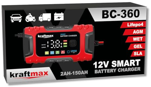 Kraftmax BC-360 6A Autobatterie Ladegerät vollautomatisches 12V Smart KFZ Batterieladegerät, mit Temperaturkompensation – geeignet für Auto, LKW, Motorrad, Rasenmäher, Boot und Marine Batterien.