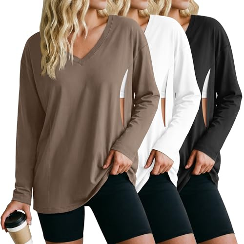 Sweetyweee 3 Pack Women's Oversize Nursing Shirts for Breastfeeding with Hidden Zippers Loose Fit Long Sleeve Maternity Tops (Light Brown, White, Black,Small)