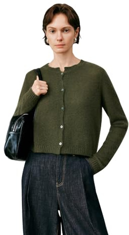 Women’s Round Neck Silk Cashmere Blend Cardigan, Lightweight Soft Knit Button Front Sweater, Elegant Everyday Layer for Spring & Fall Deep-Green