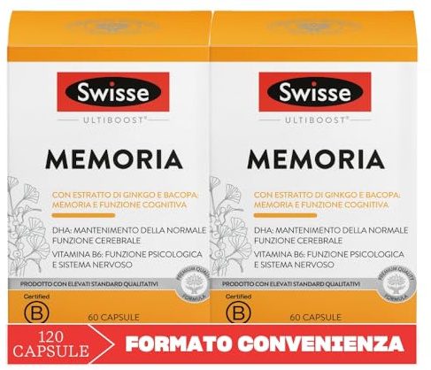 SWISSE Ultiboost- Integratori Memoria con Bacopa Monnieri e Ginkgo Biloba per Mantenimento Funzione Cognitiva, Integratore con DHA per Supporto Normale Funzione Cerebrale, Made in Italy, 120 Capsule