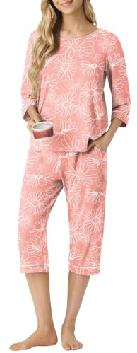 PrinStory Dam pyjamasset vardaglig 3/4 kort t-shirt och pyjamas kort med fickor andningsbara nattkläder pyjamasset sommar myskläder set nattkläder