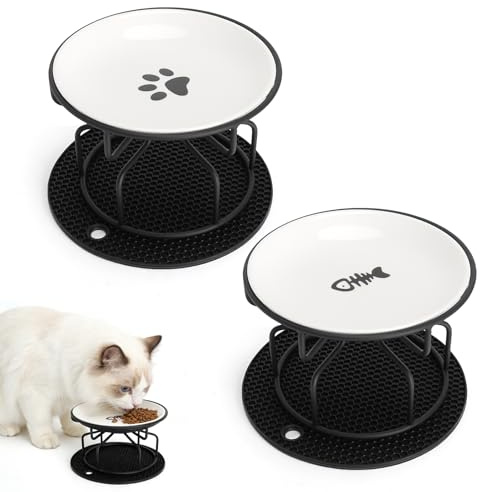 XRVRILE Ciotola Gatto Rialzata Ciotola Gatto CeramicaCiotola perGatto Rialzata CiotoleGattoRialzate - Set 2 Ciotole con Supporto Metallo e Tappetino Silicone Antiscivolo, CiotolaGatto Cibo Acqua