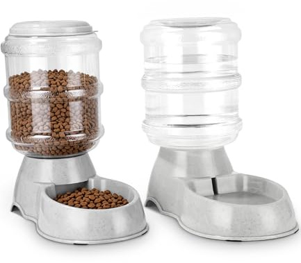 Distributeur Croquettes Chat, 2 Unités, 3.8 L, Distributeur Automatique de Nourriture et d'eau, pour Petits et Grands Chiens, Chats (Gris)