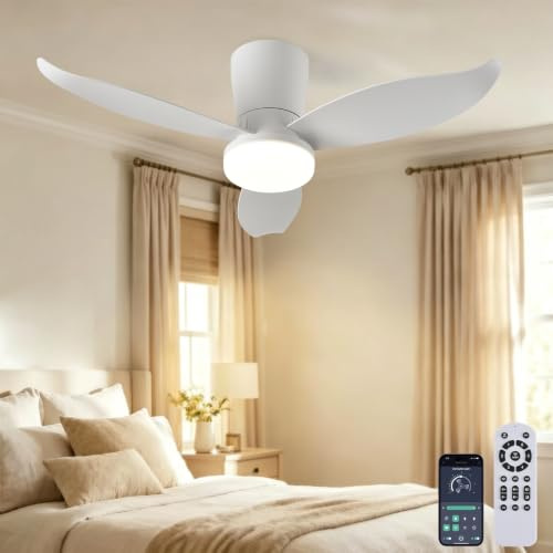 LEONTYNE 37 Ceiling Fan with Light, APP & Remote, Dimmable LED 3000K-6500K | Low Profile, 6 Speed Quiet Reversible DC Motor, Timer Memory, 18W 1620 LM, Fan Light for UK Small Bedroom Kitchen Dining Room