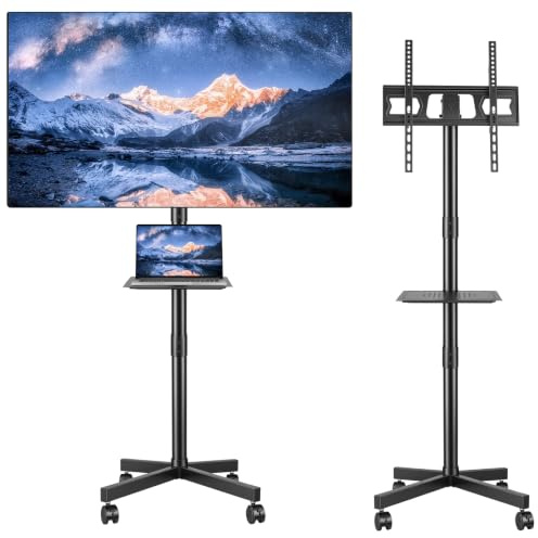 Mobile TV Stand on Wheels, Rolling TV Cart with Media Shelf, Height Adjustable Tilt TV Mount Stand for 23–60 Inch LED LCD OLED Flat Curved TVs, Holds 25kg, Max VESA 400x400mm
