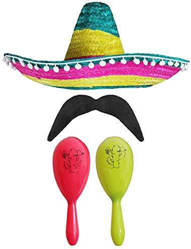MEXIKANSK FANCY KLÄNNING TILLBEHÖRSET - MEXIKANSK SOMBRERO MED MARACAS OCH TASH MULTIFÄRGAD POM POM SOMBRERO + ROSA OCH GULA MARACAS