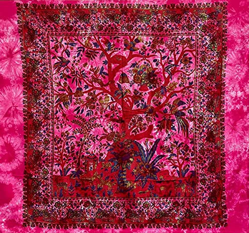 Überwurf Großer Baum des Lebens Multi Farbe 100% indische Baumwolle bedruckt 210 x 240 cm (Rosa)