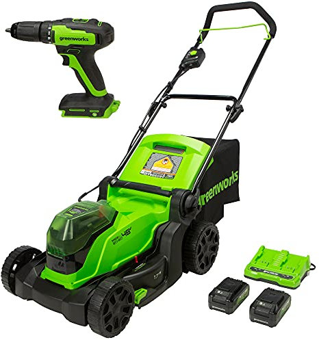 Greenworks 48V (2 x 24V) 17 Brushless Cordless Lawn Mower + 24V Drill/Driver, (2) 4.0Ah USB Batteries (USB Hub) and Dual Port Rapid Charger Included
