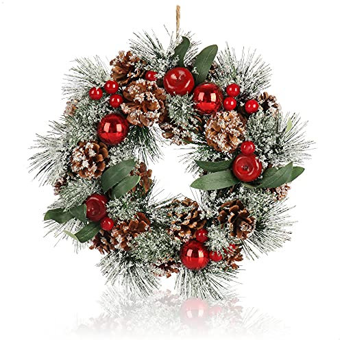 COM-FOUR® Türkranz Weihnachten - Adventskranz mit Kugeln, Äpfeln, Beeren und Kunstschnee - Dekokranz Ø 33 cm - Weihnachtsdeko - Tischkranz - Weihnachtskranz (rote Kugeln)