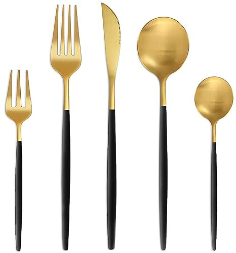 Bestdin Set Posate 6 Persone, 30 Pezzi Posate Nero Oro Opaco, Set Cena con Coltello Forchetta Cucchiaio, Set Posate in Acciaio Inox di Alta Qualità, Lavabile in Lavastoviglie
