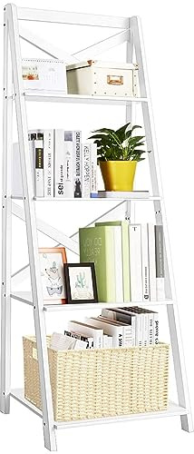 HOMASIS Scaffale per scale con 4 ripiani, libreria, in legno, con dispositivo anti-ribaltamento, scaffale per libri e piante, divisorio per soggiorno, bagno e ufficio (1, bianco)