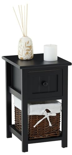IDIMEX Table de Chevet Messina Table de Nuit en Bois Noir avec 1 tiroir et 1 Panier en Osier et Insert en Tissu Blanc