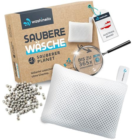 Washinello - Wasch Beutel mit Magnesium Kugeln, 365 Waschgänge, Geeinet für alle Stoffe, Reinigt Kleidung nachhaltig, Parmfümfreies Öko Waschmittel für Allergiker, Dermatest Siegel Sehr Gut