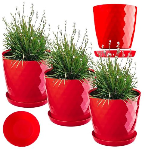 KADAX Maceta de plástico con plato, maceta de material ligero, maceta decorativa para hierbas, maceta para flores, plantas, cactus y suculentas (juego de 3-25 cm, rojo)