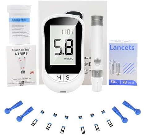 Medidor de Glucosa en Sangre, Prueba Glucosa en Sangre y 500 Memorias, 50 tiras reactivas + 50 lancetas Resultados Precisos, Fácil de Usar