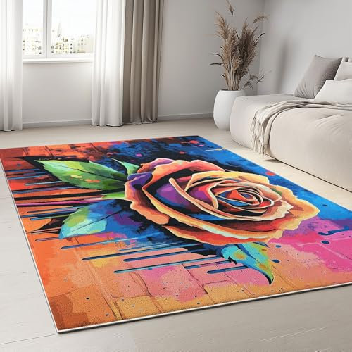 Teppich Cartoon-Graffiti-Rose Muster Weich Kurzflor Maschinenwaschbar rutschfest Fussmatte Innen, Teppich Geeignet Für Schlafzimmer, Wohnzimmer, Studio Und Hotel 160 x 230 cm, Bunt
