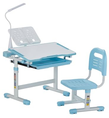 VEVOR Set Scrivania e Sedia da Lavoro per Bambini, Tavolo da Lavoro e Sedia per Bambini con Lampada da Tavolo, Piano Scrivania Inclinato da 0 a 40° Altezza Regolabile, per Camera da Letto Studio, Blu