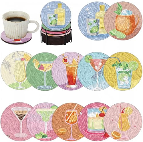 12 Pcs Diamond Painting Coasters Kits with Holder,Cocktail Diamond Art Coasters Set for Drinks Coffee Table, Gem Painting kit for Beginners Adults DIY Art Craft Gifts Home Decors (12pcs cocktail)