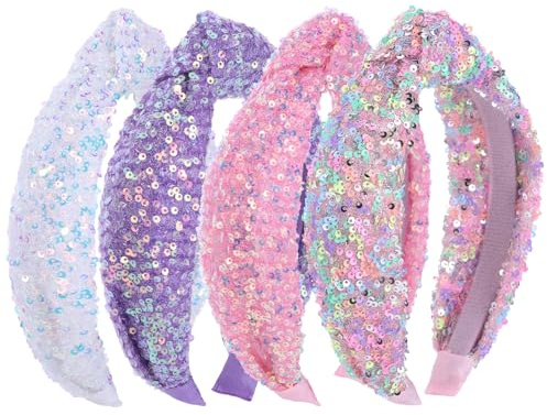 Zifengcer Sequin Headbands for Girls, 4 Pack Knotted Headband for Girls, Sparkly Girl Hair Bands Glitter Hair Accessories for Girl and Women,diademas para niñas