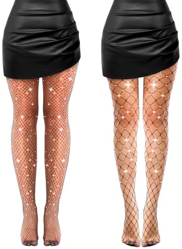 MAOSHYMS 2 Pezzi Calze a Rete con Strass e Glitter Calze Rete Elastiche Sexy Collant a Rete da Donna Alta Calze Collant Accessori per Costumi di Halloween (IT, Numero, Taglia unica, Nero)