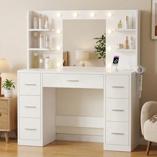 JUMMICO Coiffeuse avec Miroir et Prise, 10 Ampoules LED à 3 Modes de Lumière, Table de Maquillage avec Rangement, 7 Tiroirs, 4 Étagères, Support pour Sèche-Cheveux, Meuble Moderne de Chambre (Blanc)