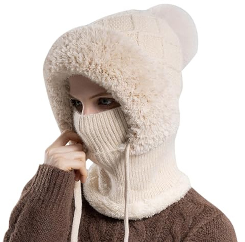 PAIDAXING Bonnet 3 en 1 pour femme - Cagoule d'hiver chaude en tricot - Bonnet souple thermique - Coupe-vent - Doublure en polaire - Cache-cou et masque pour le visage - Ensemble 3 en 1 intégré pour