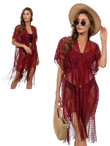 ZCJ Vestido de Playa para Mujer con Encaje y Flecos, Kimono de Playa con Cintura Elástica y Transpirable, Bikini Cover up para Verano, Vacaciones y Piscina