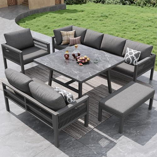 luckdect Salon de Jardin Exterieur 8 Personnes, Table de Jardin avec 3 Canapés 2 Places,Fauteuil,Banc Rembourré,Ensemble de Meubles de Jardin tressé à la Main en Forme de L pour Terrasse Balcon