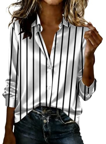 Striped Shirts for Women UK Satin Silk Collared Stylish Blouse Button Down Long Sleeve Shirts Glossy Silky Loose Fit Casual Blouses Elegant V-Neck Stripe Print Tops Office Work Blouses White