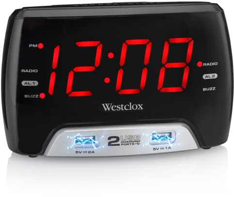 Westclox Large 1.4” Red LED Digital FM Clock Radio with Dual USB A & C Charging Ports, Adjustable Brightness, Dual Alarms & Sleep Timer – Modern Alarm Clock for Bedroom, Home, or Office (Black)