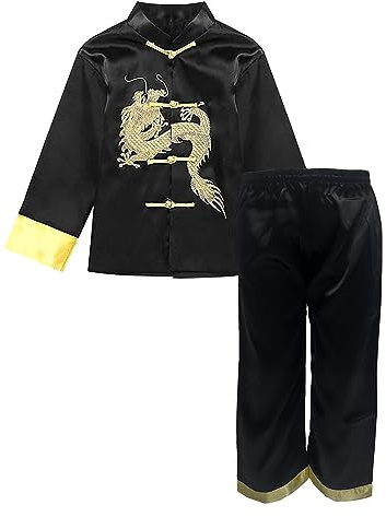 TAIKMD Boys Satin Embroidered Dragon Tang Uniform Traditional Chinese Kung Fu Tang Martial Arts Suits, Black, 4-5