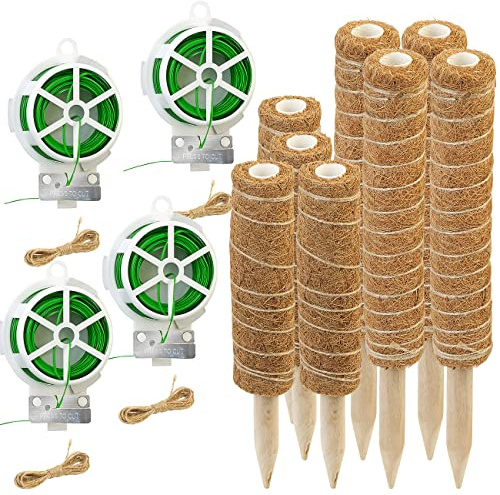 Royal Gardineer Pflanzenpfahl: 8er-Set Rankhilfen aus Kokosfaser & Holz, 2x40 cm, 2x30 cm, Juteschnur (Pflanzenstützstab, Kletterpflanzen-Stützen, Wein)