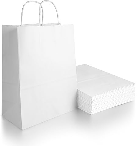 BESCOST Sacchetti Regalo Bianchi 40PCS,Buste Regalo con Manici 21 x 27 x 11cm Sacchetti di Carta 130gsm Wedding Bag per Matrimoni Sacchetti per Compleanno Natale