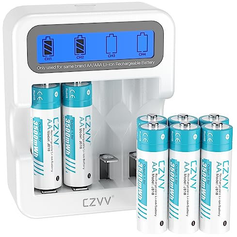 czvv Pilas Recargables AAA Litio 1,5V - LCD Cargador de Pila AA AAA con 8 Unidades Baterias Lithium Capacidad Alta 1100mWh - Ultra Rápido 2H - Duración 10 Años,1300 Ciclos para Juguetes, Afeitadoras