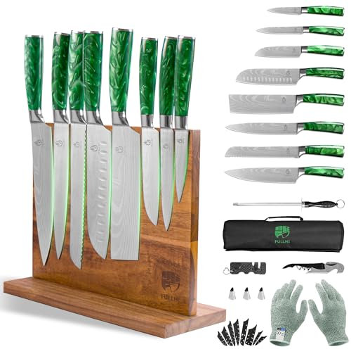 FULLHI Set de 15 couteaux japonais avec support magnétique pour bloc de couteaux, lames en acier inoxydable, poignées ergonomiques en résine verte pour la cuisine professionnelle et domestique