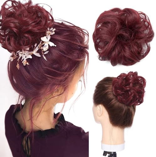 S-noilite Hairpiece with Elastic Band, Large Bun Hairpiece, Hair Extension, Wavy Curly, Messy Bun Ponytail for Women and Girls, 30 g, Wine Red