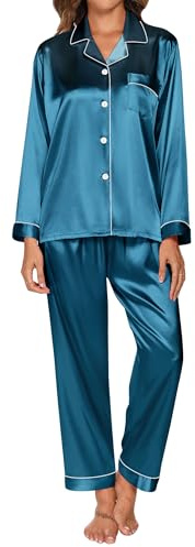 GAESHOW Sommarpyjamas av satin för dam, tvådelad, kortärmad silkespyjamas med knappar, långa byxor, mjukt, bekvämt pyjamasset, storlekar S–XL