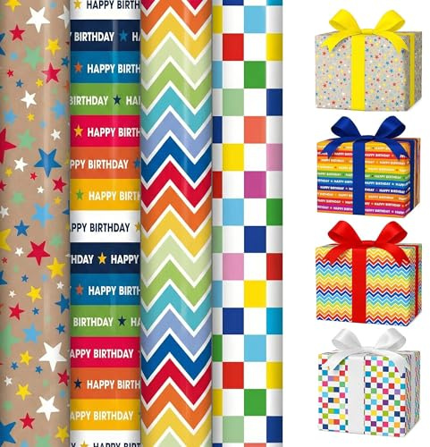 Pack of 4 x 3M Birthday Wrapping Paper with Colorful Designs Gift Wrap Rolls Perfect for Birthday, Party & Festive Decorations Sold By ANGIX